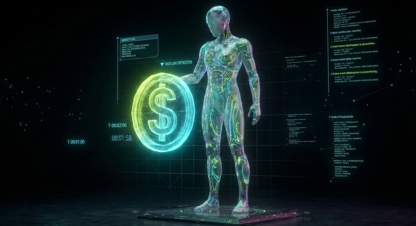 AI Agent Cost, featuring agent with holographic coin