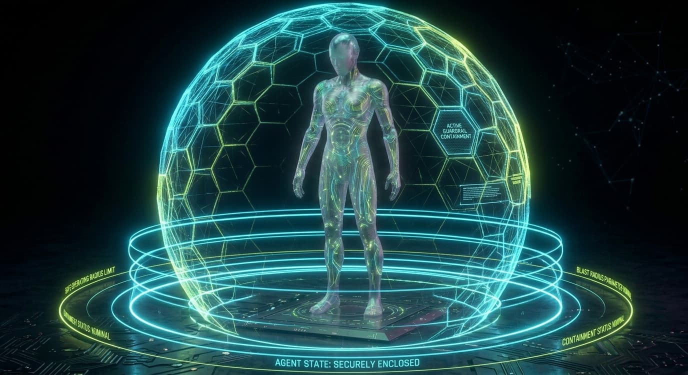 Agent inside holographic shield, representing an agent's bounded blast radius