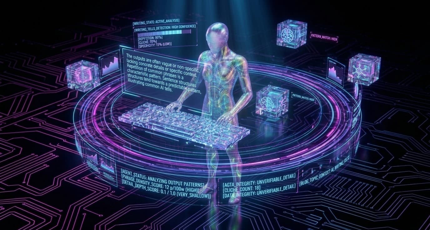 It depicts the agent interacting with a floating digital interface, attempting to write while surrounded by the complex HUD