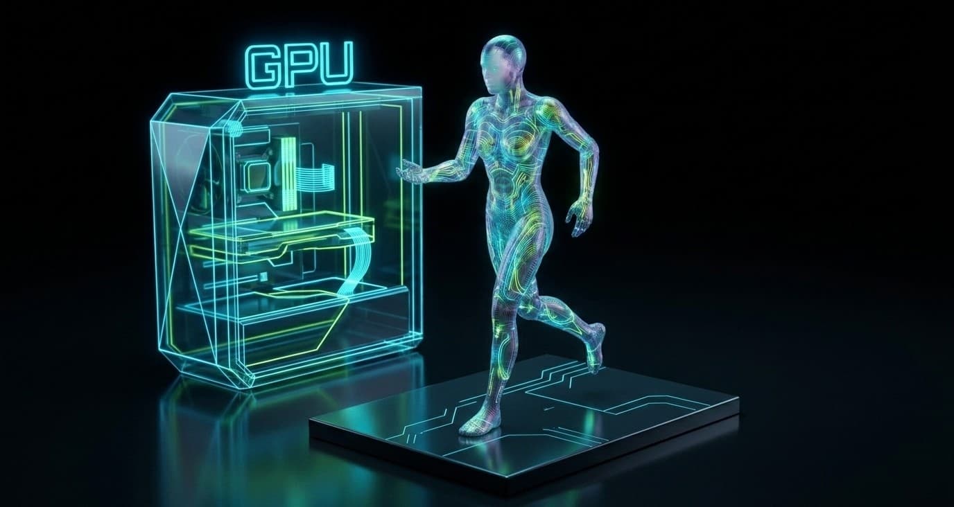 The holographic agent running steadily on a laptop-sized slab. Beside the slab, an oversized, dark, and idle GPU tower sits in the void