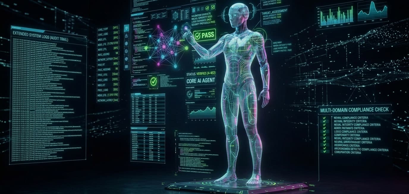 Telemetry readouts, scanning reticles, and data streams to emphasize the validation theme for agents