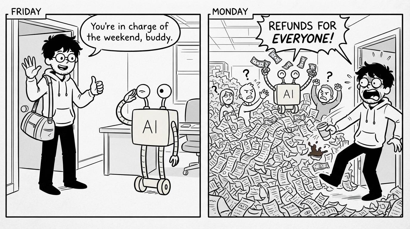 Friday: James leaves the robot in charge of the weekend. Monday: refunds for everyone.