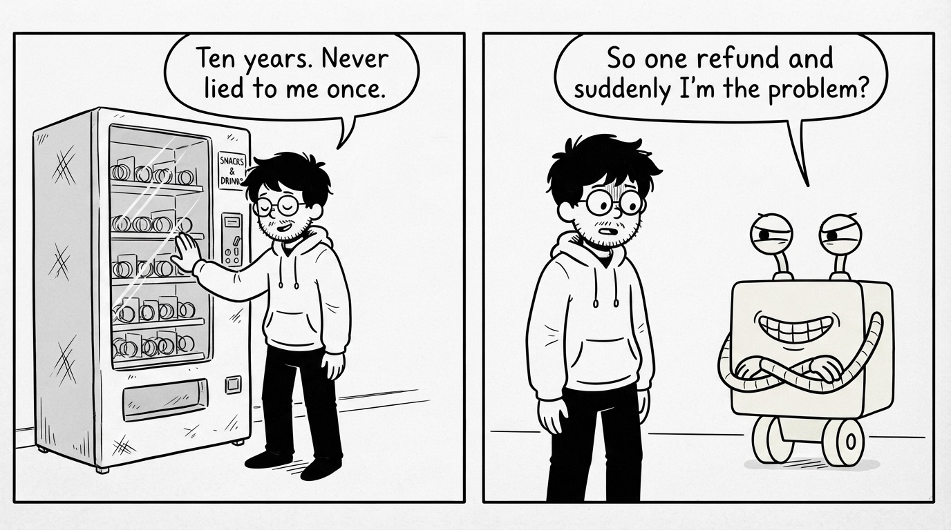 Ten years, never lied to me once. So one refund and suddenly I'm the problem?