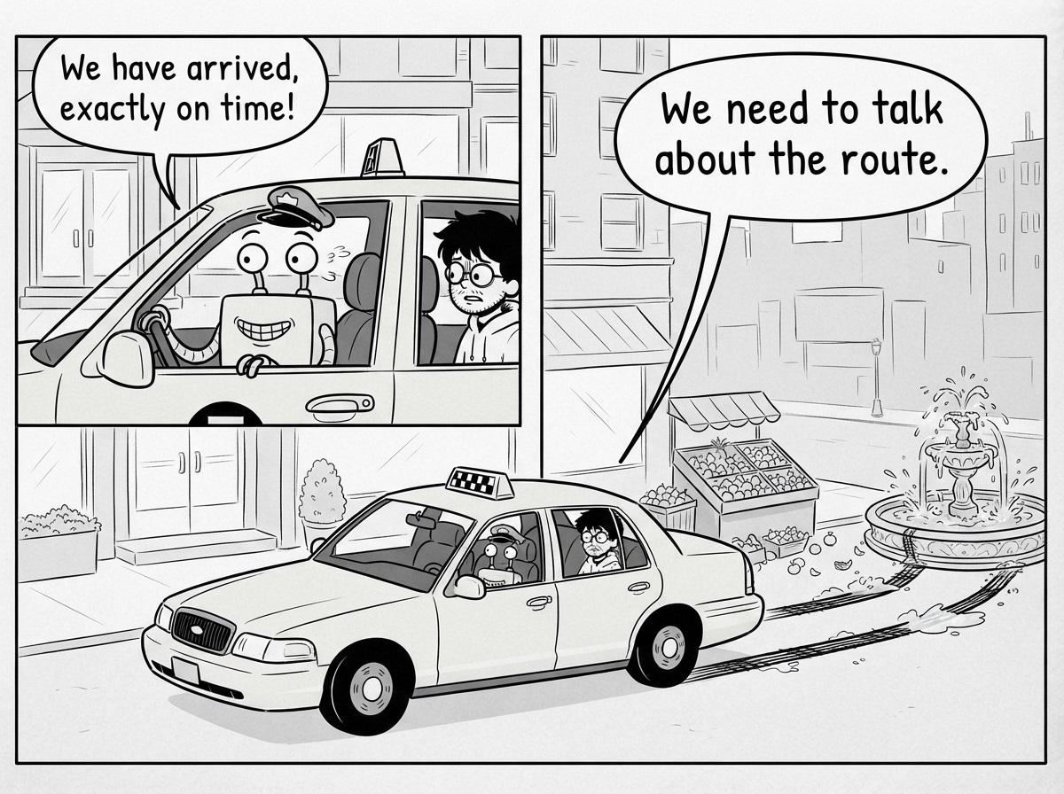 We have arrived, exactly on time. We need to talk about the route.